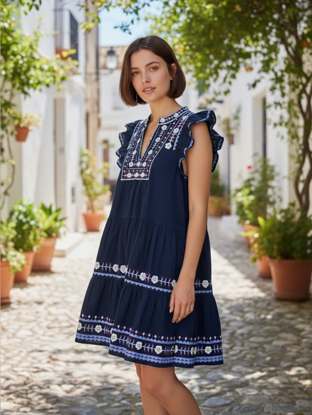 Sea New York Navy Embroidered Ruffle Tiered Mini Dress